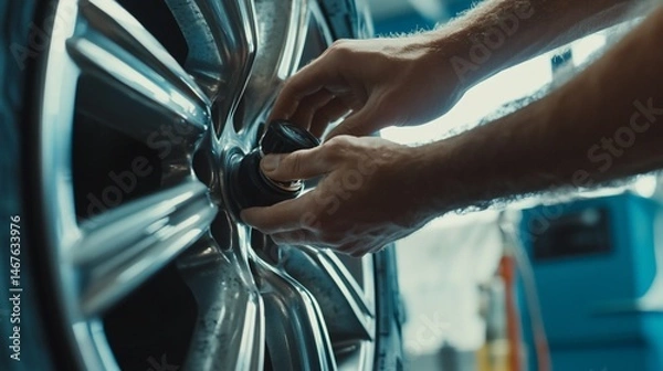 Fototapeta Close-up shot of skilled hands assembling a shiny car wheel in workshop