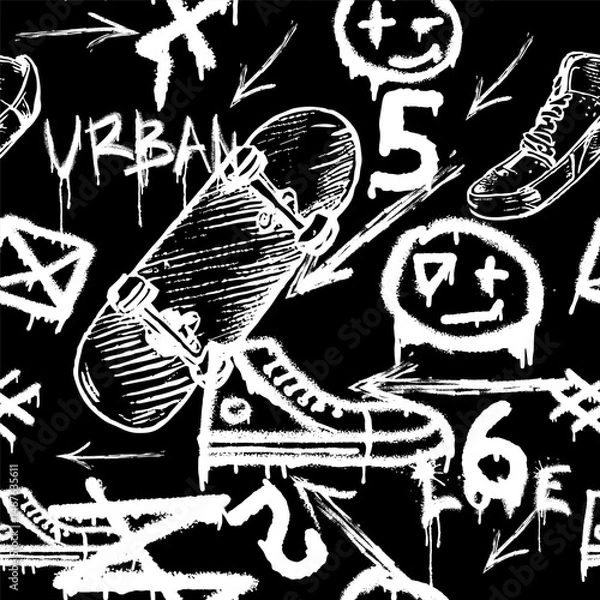 Obraz Seamless pattern with charcoal graffiti, doodles, punk and skateboards and text. Pencil drawn icons.