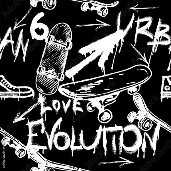 Obraz Seamless pattern with charcoal graffiti, doodles, punk and skateboards and text. Pencil drawn icons.