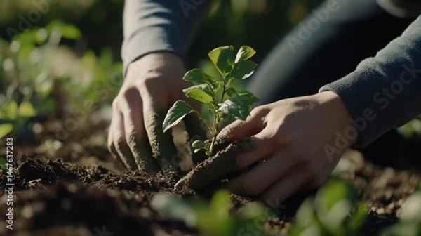 Fototapeta Close-up of Person Planting a Young Sapling in Fertile Soil with Bare Hands