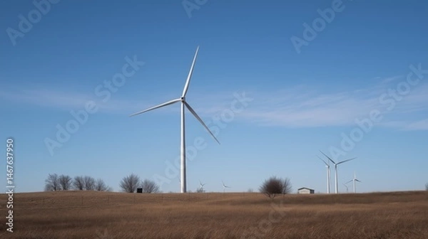 Fototapeta Wide view of wind turbines standing tall in dry rural field under clear blue sky perfect for clean energy concepts, eco-friendly technology campaigns and environmental sustainability visuals