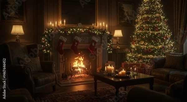Obraz Cozy Christmas Eve Fireplace Scene - A warm and inviting Christmas Eve scene featuring a crackling fireplace, a decorated Christmas tree, and cozy seating. Symbolism includes: family gathering