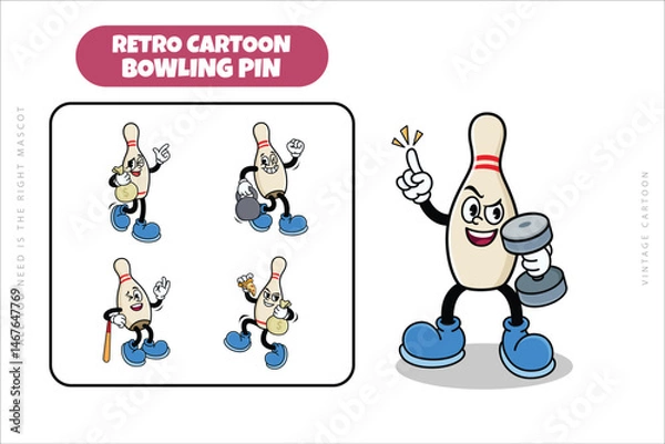 Fototapeta Set of Traditional Bowling Pin Cartoon Illustration with Varied Poses and Expressions