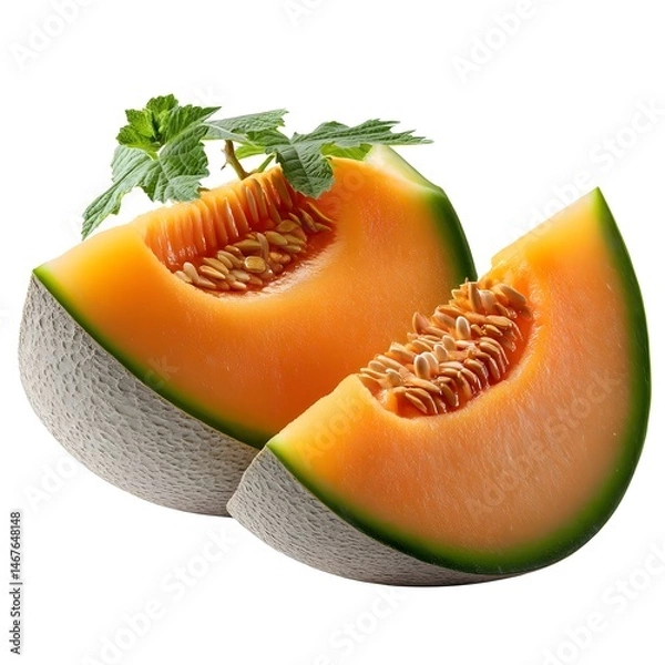 Fototapeta Fresh Cantaloupe Melon Slices with Green Leaves and Seeds
