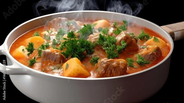 Fototapeta Hearty Beef Stew with Vegetables and Fresh Herbs in White Pot