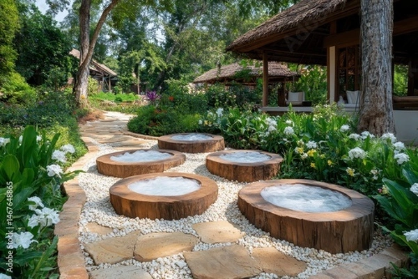 Fototapeta Serene Garden Path with Wood and Stone Elements in Nature