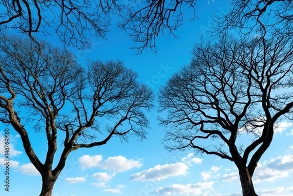 Fototapeta Two Leafless Trees Under a Clear Blue Sky with Fluffy Clouds