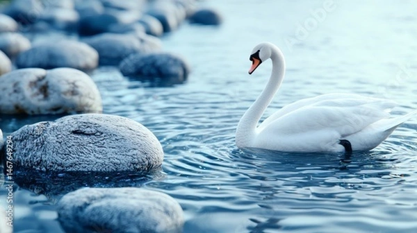 Fototapeta Elegant Swan Swimming Gracefully Among Smooth River Stones