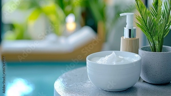 Fototapeta Tranquil Spa Setting with Cream and Greenery for Relaxation