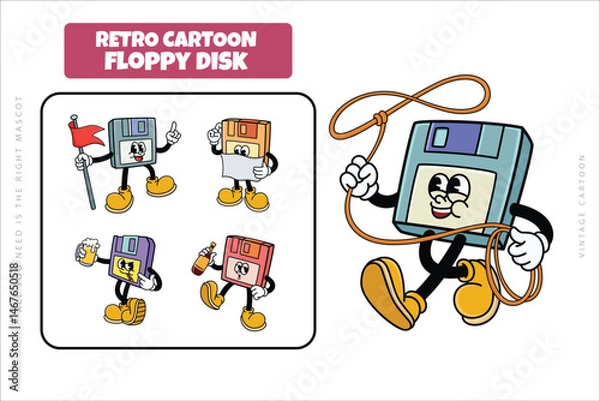 Fototapeta Set of Traditional Floppy Disk Cartoon Illustration with Varied Poses and Expressions