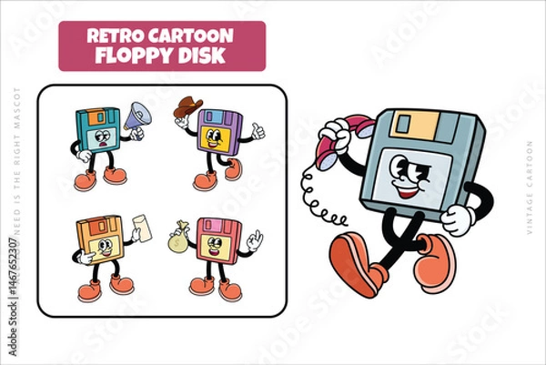Fototapeta Set of Traditional Floppy Disk Cartoon Illustration with Varied Poses and Expressions