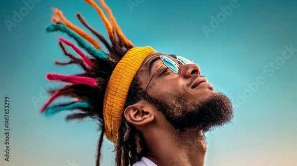 Fototapeta Man with colorful dreadlocks and a yellow bandana is smiling and looking up at the sky