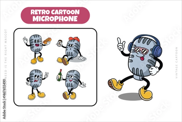 Fototapeta Vintage Microphone Character and Retro Broadcast Mascot in Various Activities