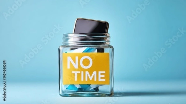Fototapeta A smartphone in a glass jar labeled "NO TIME" symbolizes digital detox and time management on a blue background.