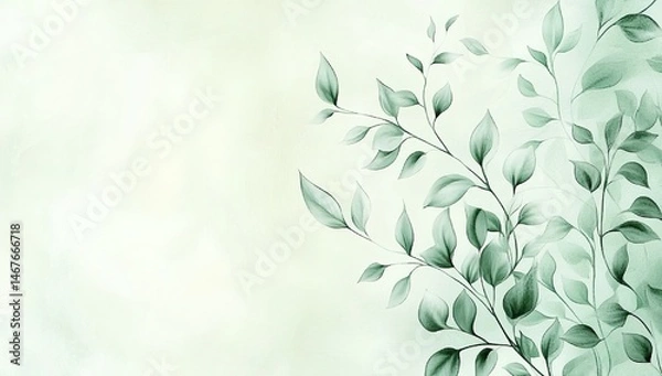 Fototapeta A digital art image of green branches and leaves against a soft pastel background.