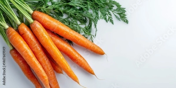 Obraz Bunch of fresh carrots with green tops on a white background with space for text, ideal for health and food promotions