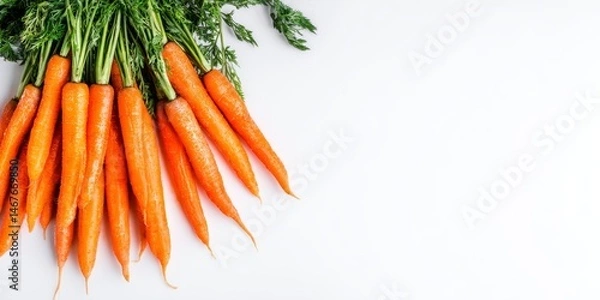 Obraz Bunch of fresh carrots with green tops on a white background with space for text, ideal for health and food promotions