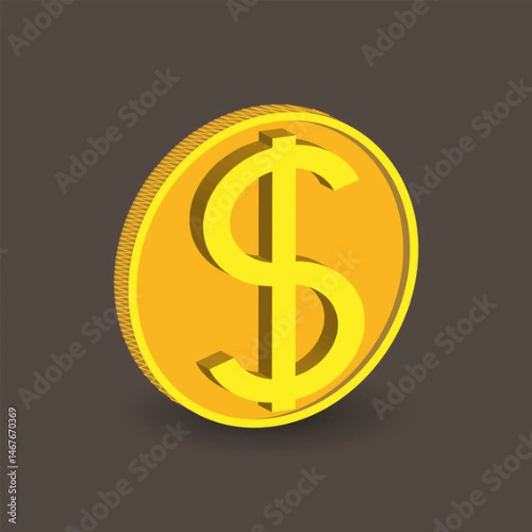 Fototapeta Gold coin with a dollar sign. Stylized image of money on a brown background. Vector illustration