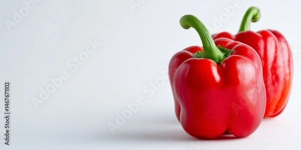 Obraz fresh red bell peppers standing upright on a white background with copy space, perfect for healthy eating themes.
