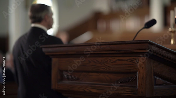 Fototapeta Serious politician delivering speech at wooden podium during conference, passionate public speaker addressing important social issues, leadership and political campaign concepts