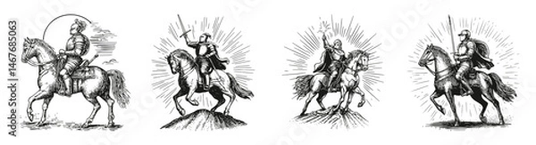 Fototapeta Vintage Illustrations of Knights on Horses in Dynamic Poses, vector illustration, engraving design, logo design set, black and white line