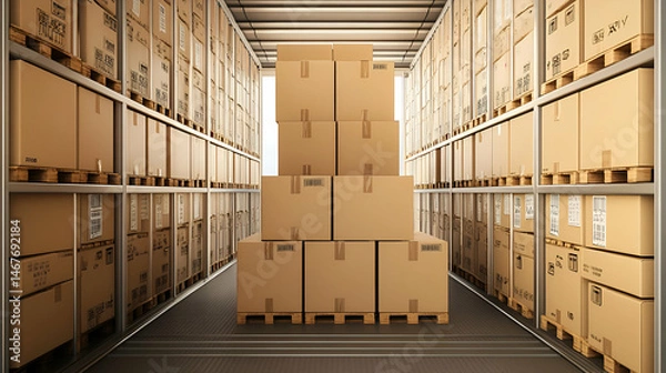 Fototapeta Interior of a Warehouse with Stacked Cardboard Boxes on Pallets
