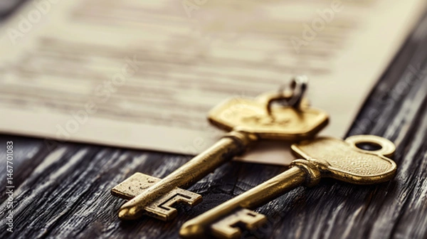 Fototapeta Two golden keys crossing on dark wooden table symbolizing business merger and company acquisition, corporate takeover and partnership concept.