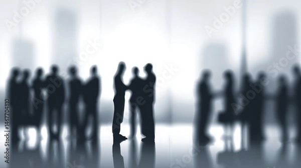 Fototapeta Groups of business professionals engage in conversation in a blurred modern office setting, reflecting communication and interaction
