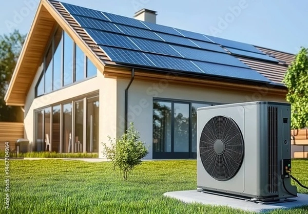 Obraz A modern house with solar panels on the roof and an air-conditioning heat pump in the front yard.