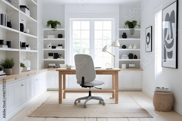 Obraz Bright Home Office Design Ideas Stylish Workspace with Built-in Bookshelves and Natural Light