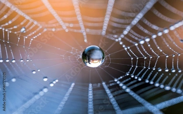Fototapeta Sparkling Dew on Spider Web with Colorful Background