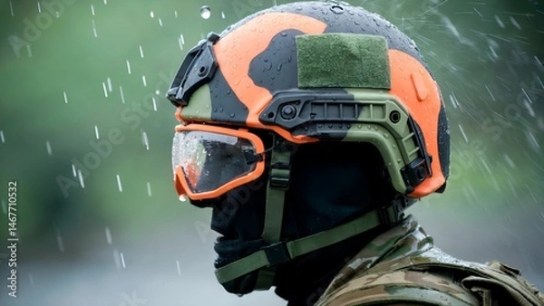 Fototapeta Close-Up of Paintball Player Submerged in Water with Camouflage Helmet and Gear
