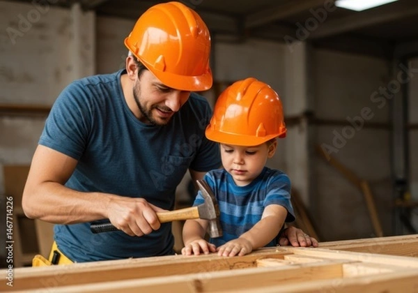 Fototapeta Man and child wearing hard hats working on wood project with hammer in workshop together bonding time