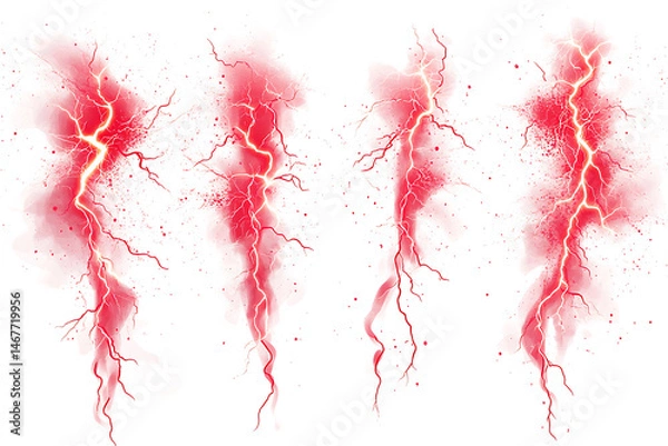 Fototapeta Abstract depiction of red lightning bolts with dynamic energy and vivid splashes in a white background