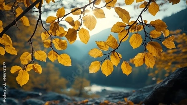Fototapeta The yellow leaves and autumn wind in the mountains and forests during the beginning of autumn season