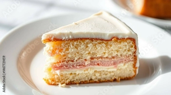 Fototapeta A single slice of decorated cake served on a white plate, realistic lighting, soft shadows, detailed frosting and layers, close-up view, stock photo style, on a neutral background