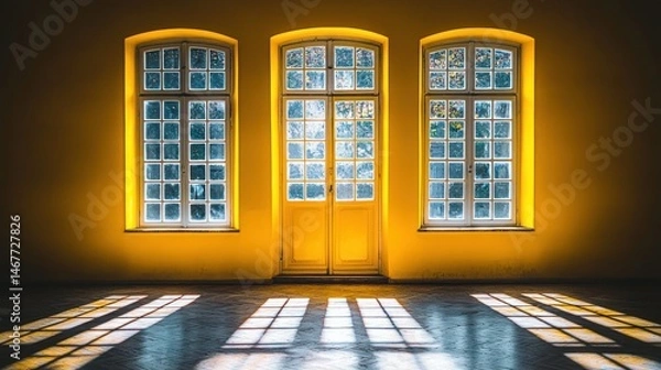 Fototapeta Three windows cast light squares in a yellow room