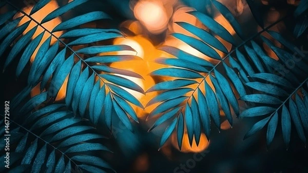 Fototapeta Turquoise leaves against bokeh orange background
