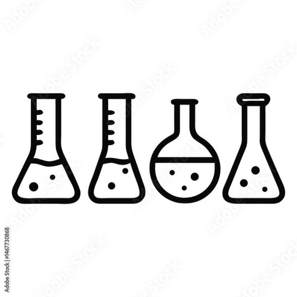 Obraz Black outline showcases four beakers containing various liquids for science with transparent backdrop