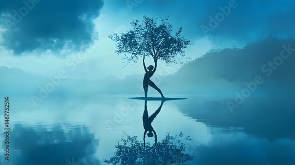 Fototapeta Digital illustration of a lone silhouette balancing on a platform with a tree beneath a misty sky.