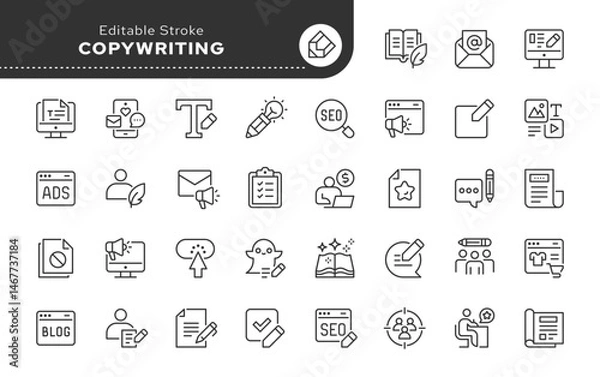 Obraz Copywriting line icon set. Content writing, autor, blog, storytelling, article, seo and more. Outline vector icon in linear style. Series of pictograms.