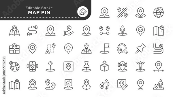 Fototapeta Map pin line icon set. Location, push pin, map marker, geolocation, route, flag, position, gps, address and more. Outline vector icon in linear style. Series of pictograms.	