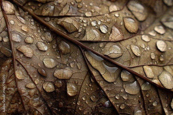Obraz Close up of dew drops resting on a decaying leaf, autumnal nature macro photography