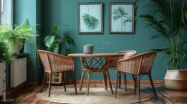 Fototapeta Scandinavian-style dining setup featuring neutral-toned chairs around a simple wood table, sage green wall as background, soft daylight, sharp focus, clean design, stock photo quality 
