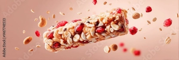 Fototapeta Brightly Packaged Snack Bar Floating With Vibrant Ingredients in a Soft Background Generative AI