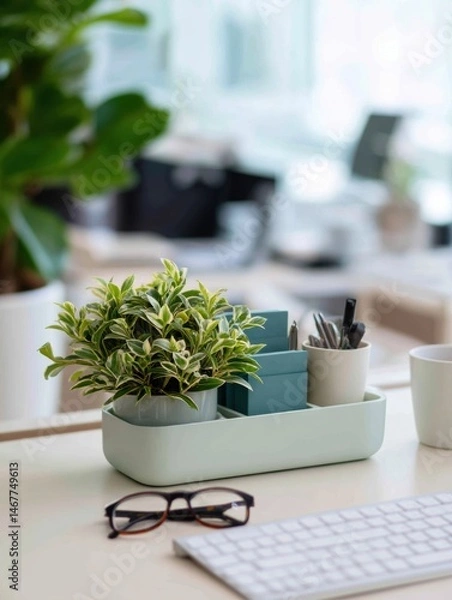 Fototapeta Desk Organizer With Plant and Office Supplies in a Bright Workspace Filled With Natural Light and Greenery Generative AI