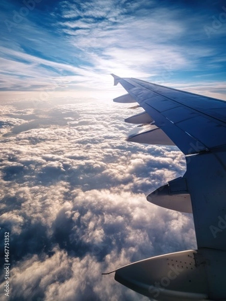 Fototapeta View From an Airplane Wing Soaring Above Clouds With Morning Sunlight Illuminating the Sky Generative AI