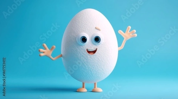 Fototapeta Cartoon Egg Character Waves Happily in Bright Blue Setting With Space for Text Generative AI