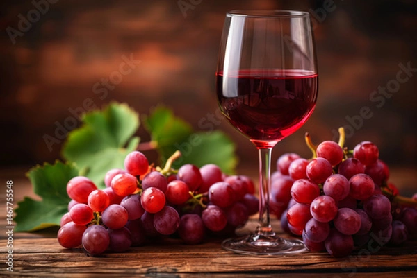 Fototapeta Glass of red wine is elegantly placed next to vibrant grapes on a wooden surface, highlighting the natural textures and colors of the scene 