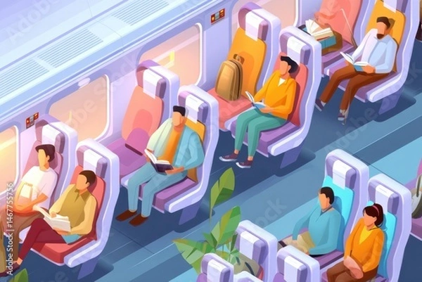 Fototapeta Travelers Enjoying Quiet Moments While Reading and Napping in Isometric Train Interior With Comfortable Seating and Calming Atmosphere Generative AI